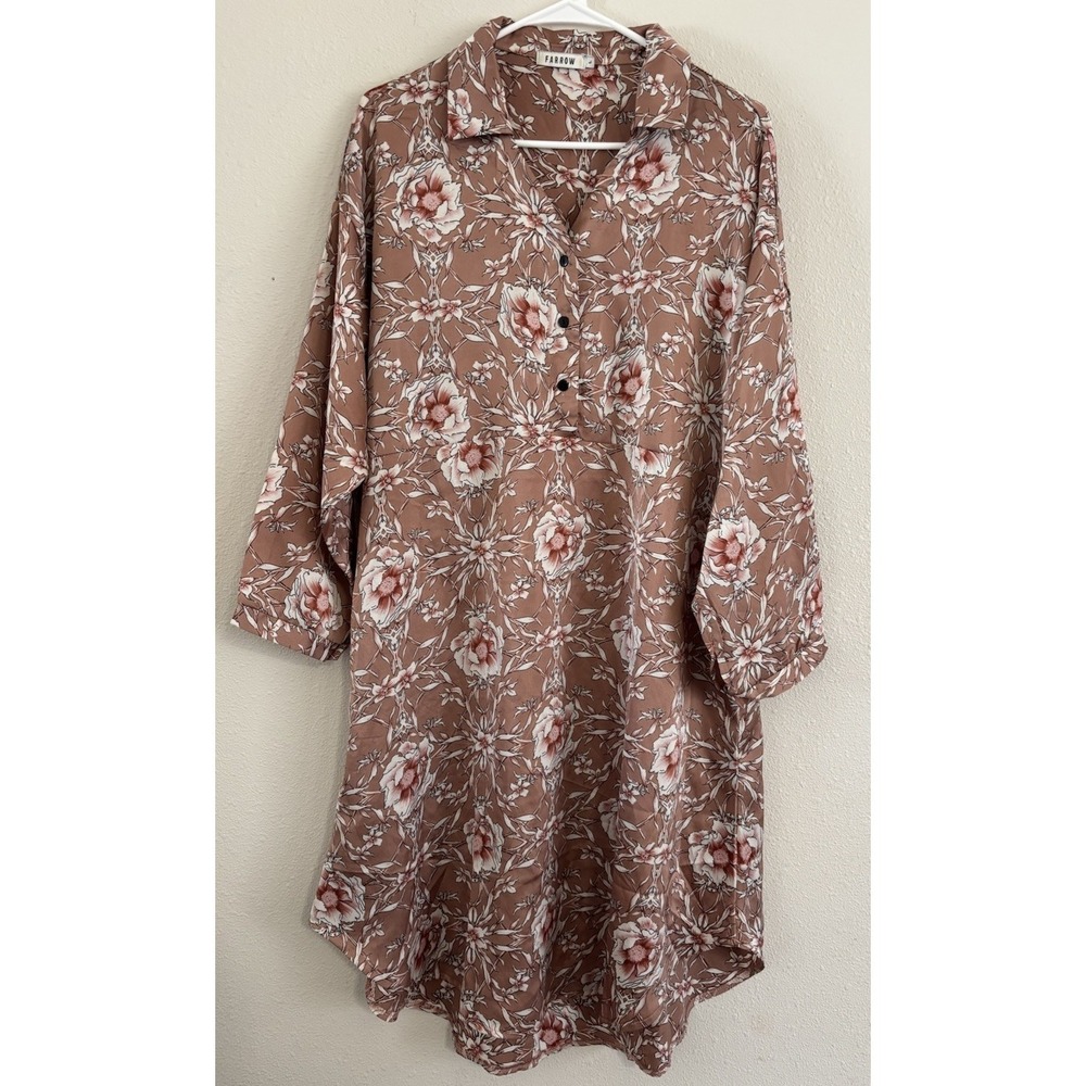Farrow Womens Large Floral Shirt Dress Brown Mauve Button Front 3/4 Sleeve Midi